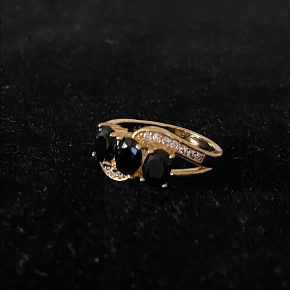 Sz 7 STAMPED 925 14 K GF 3 BLACK SAPPHIRES RING - Picture 8 of 11